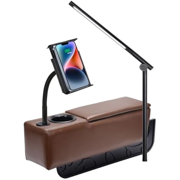 Removable Sofa Armrest with Cup Holder, PU Leather Multifunctional Couch Caddy Storage Arm Rest with Power Wireless Charging Stand & LED Reading Light for Sofa Middle Seat Parts