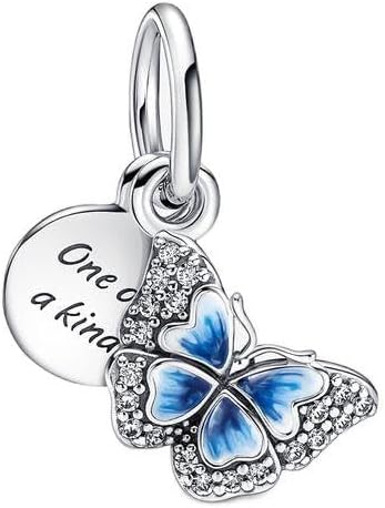 PANDORA Blue Butterfly & Quote Double Dangle Charm - Bracelet Charm for PANDORA Moments Bracelets - Stunning Women's Jewelry - Made with Sterling Silver, Cubic Zirconia & Enamel - With Gift Box