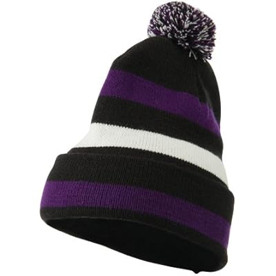 Artex Pom Pom Cuff Stripe Long Beanie - Black