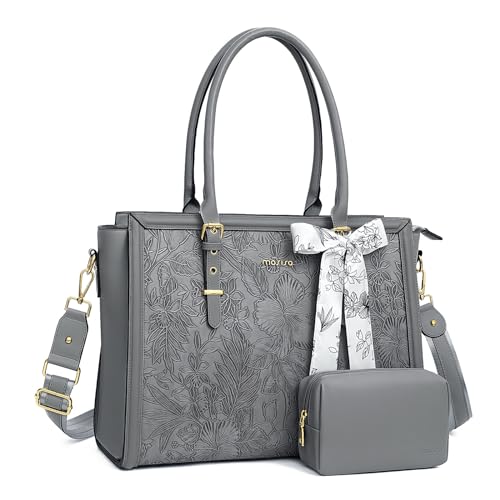 MOSISO Laptop Bag for Women, PU Leather Tote Bag, Front Embossed Retro Hibiscus Computer Bags with Silk Scarf&Clutch Purse