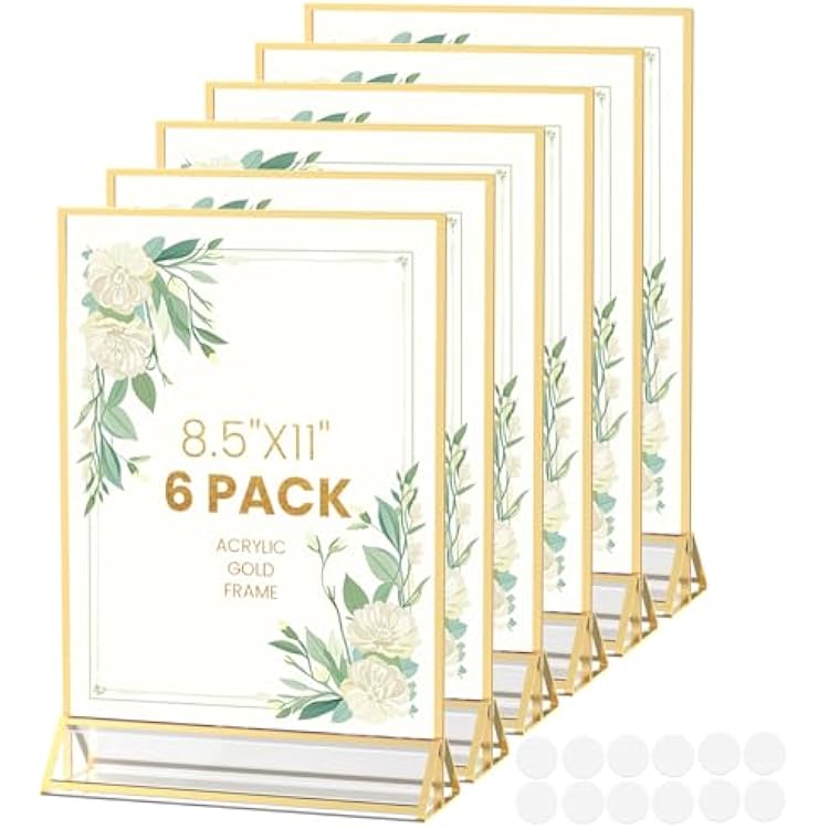 Acrylic Sign Holder 8.5X11 Gold Frames Double-Sided Gold Picture Frames for Flyer Holder Menu Holder Wedding Table Number Holder Christmas Photo Frame with Removable Sticky Dots -6 Pack