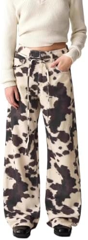 heyheyshine Cow Print Pants for Men Women Wide Leg Jeans Y2K Straps with Drawstring Streetwear Baggy Trouser with Pockets