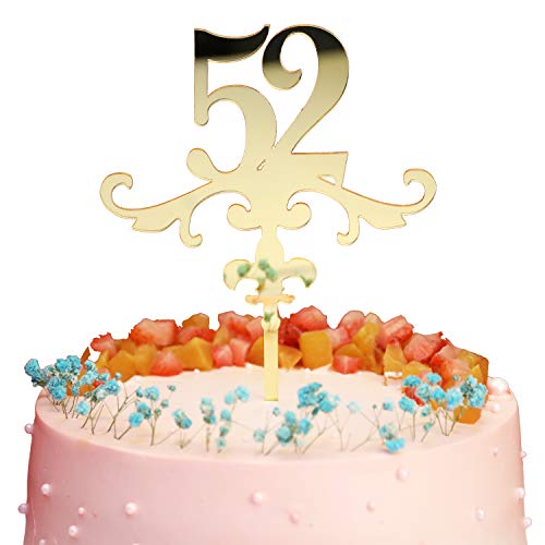 Acrylic Cake Topper, Mirror Gold Number 52 Cake Topper, Ideal for 52th Birthday or Anniversary Celebration