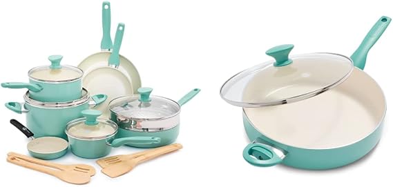 GreenPan Rio Healthy Ceramic Nonstick, Cookware Pots and Pans Set, 16 Piece, Turquoise & Rio Healthy Ceramic Nonstick, Saute Pan with Lid, 5QT, Turquoise