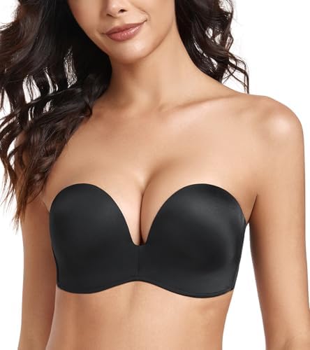 Lemorosy Womens Wireless Push Up Plunge Padded Non-Slip Invisible Strapless Bra