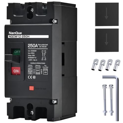 NanQue DC Solar Panel Circuit Breaker PV System Disconnect Switch and Protector 60-250 Amp 36-600 Voltage Automatic Cut Off Circuit 2 Poles Non-Polarized 25kA Recycle Use Fuse Siver Contactor 250A