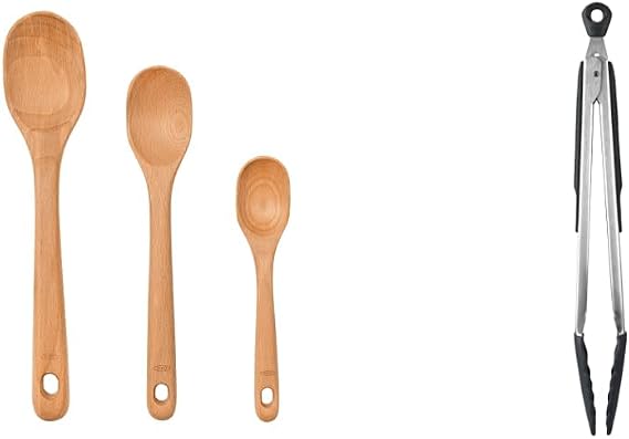OXO Good Grips 3-Piece Wooden Spoon Set,Brown and OXO Good Grips 12-Inch Tongs with Silicone Head