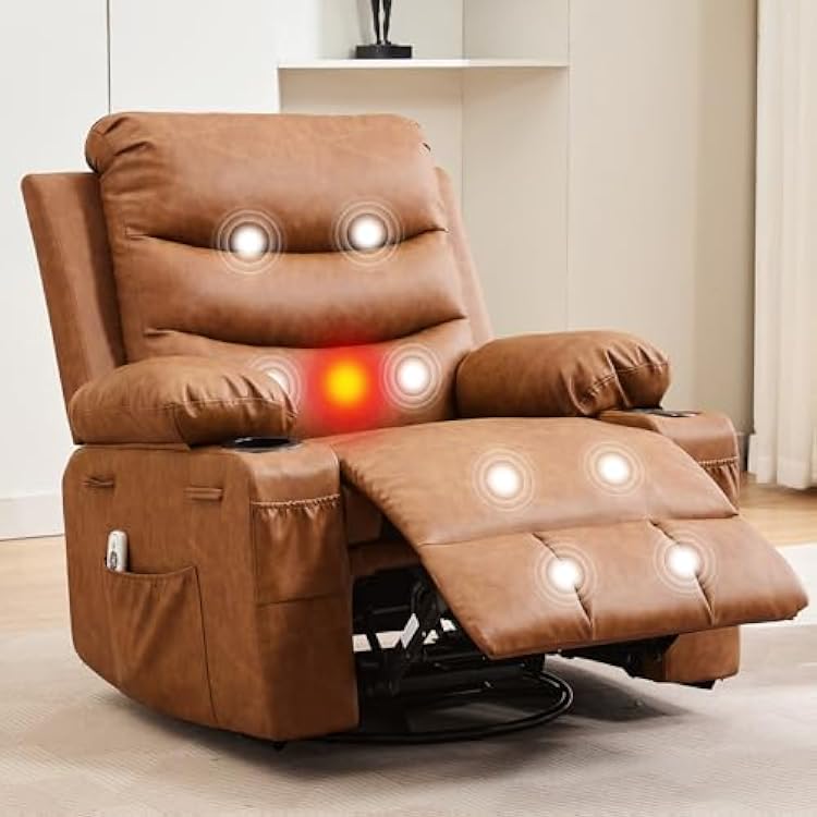 Leather Recliner Chair Nursery, Oversized Manual Reclining Rocking Chair, 360 Swivel Glider with Cup Holder, Massage and Heat Recliner, Indoor Small Single Sofa Chairs for Adults, RV, Bedroom, Brown