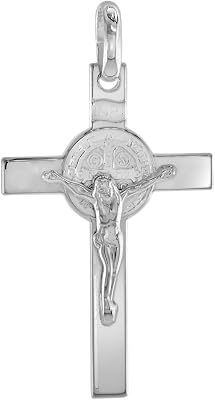 1.75 inch Silver St Benedict Crucifix Necklace for Men and Women High Polish Italy Available with or Without Chain