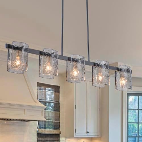 EDISLIVE 5-Light Glass Block Chandeliers Pendant Light Kitchen Island 47.24in E12 Linear Adjustable Hanging Lighting Fixture with Black Finish Grey Water Ripple Glass for Dinning Room Living Room