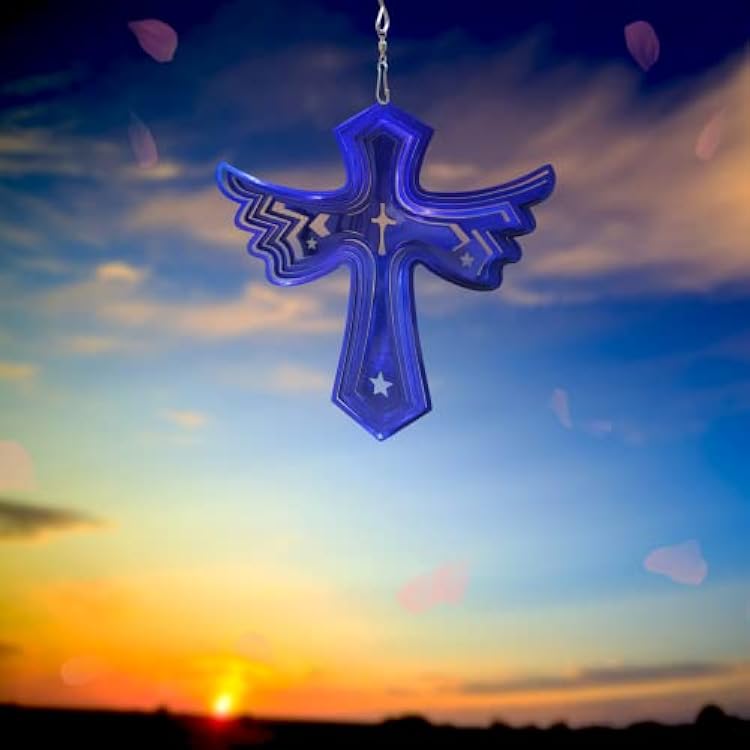 Fonmy Stainless Steel Wind Spinner Worth Gift Indoor Outdoor Garden Decoration Crafts Ornaments Metal Art Kinetic Yard Art Decorations 7.5 inch Blue Color Cross Wind Spinners