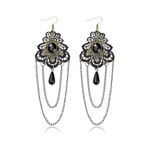 Gothic Long Tassel Crystal Earrings Vintage Lace Tassel Earrings Punk Dark Style Black Crystal Gemstones Dangle Drop Earrings Victoria Earrings Goth Earrings Christmas Birthday Party Halloween Earrings Jewelry for Women