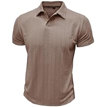 Mens Texture Polo T-Shirt 2 Buttons Stylish Ribbed Golf Tops Lapel Neck Short Sleeve Solid Color Knit Casual Tee