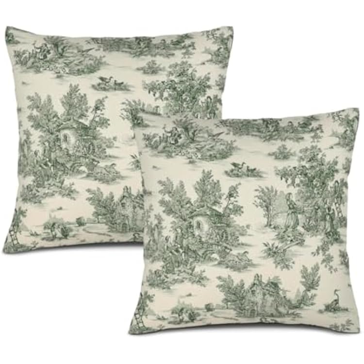 French Country Pillow Covers Green Toile Pillow Cases Vintage Victorian Pillow Cushion Covers 18x18 Set of 2 for Farmhouse Sofa Couch Living Room Bedroom Decor