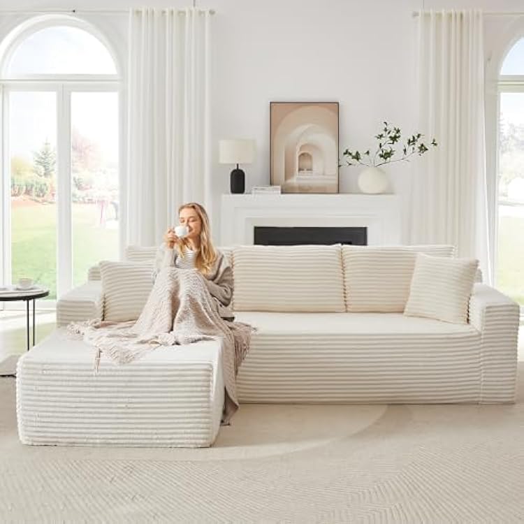 Modular Cloud Sectional Couch with L-Shape Chaise,Modern Upholstered Couches with Deep Seat,Corduroy Sponge Compressed Sofa for Living Room,No Assembly Required Off White