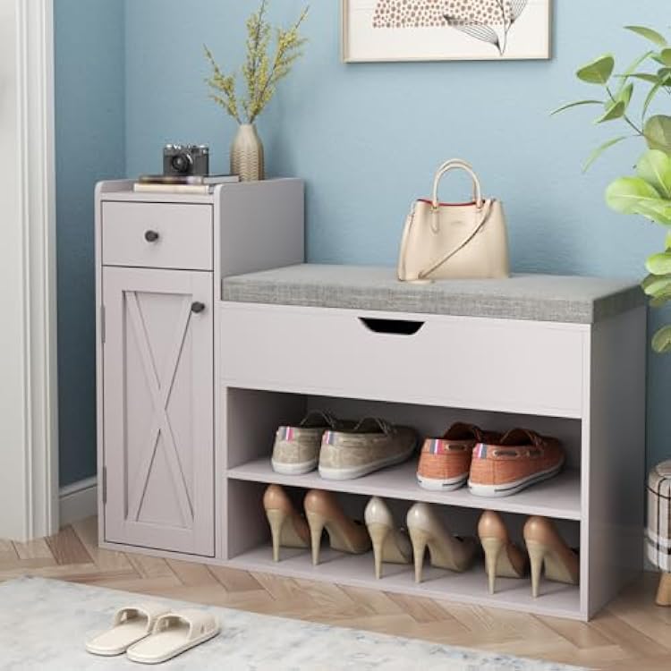 Loomie Shoe Storage Bench, 2-Tier Farmhouse Entryway Bench with Lift Top Storage Box, Drawer & Soft Removable Seat Cushion, Silm Shoe Rack with Shoe Cabinet for Entryway, Hallway, Bedroom, Light Grey