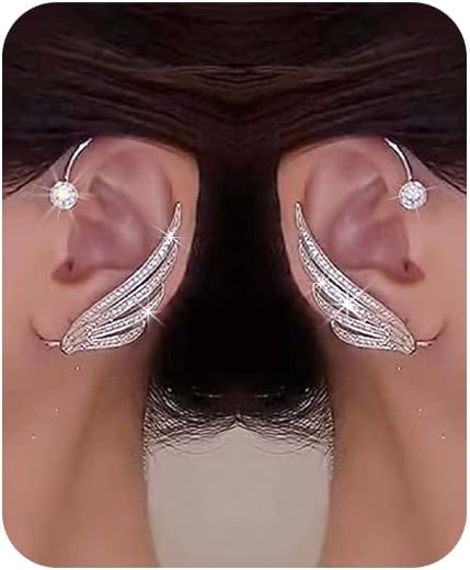 2Pcs Rhinestone Ear Cuff Earrings for Women Angel Wing No Piercing Earrings Shiny Wings Fake Earrings Vintage Cartilage Ear Clip On Wrap Crawler Climber Earrings Jewelry for Women