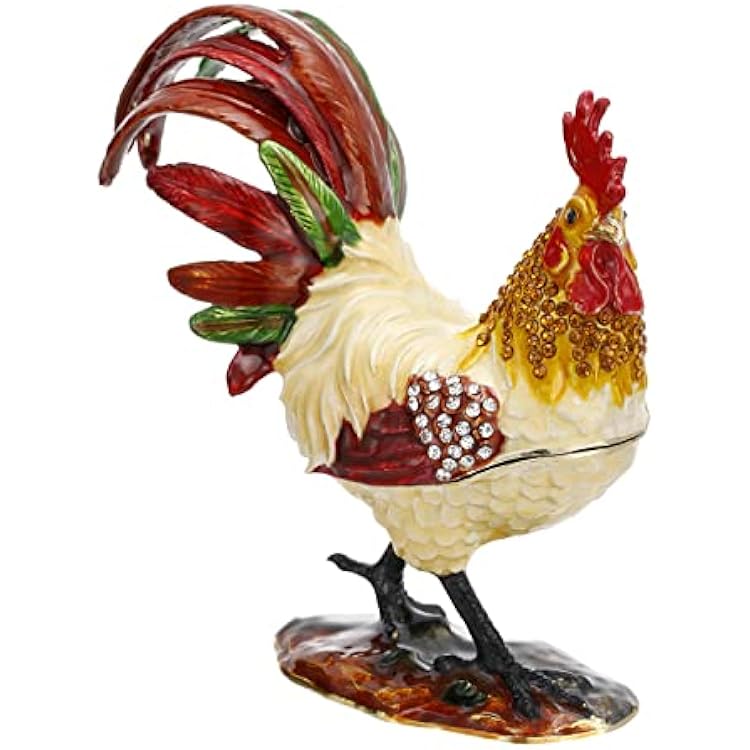 Hand Painted Enamel Hinged Trinket Box, Unique Mini Ring Necklace Jewelry Organizer, Classical Antique Bejeweled Storage, Figurine Collectible Keepsake Home Decor Rooster