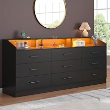 9 Drawers Dresser, Dresser for Bedroom with Power Outlet, Modern Chest of Drawers with LED Light, Storage Dressers with Open Storage Cubby, Dressers Organizer for Closet, Entryway, Living Room, Black
