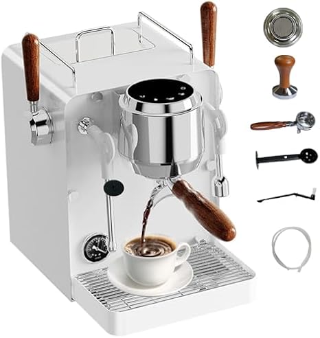 Espresso Machine 1350W Automatic Coffee Maker with Independent Hot Water Port and Solid Wood Handle, Compact Design for Home and Office Use