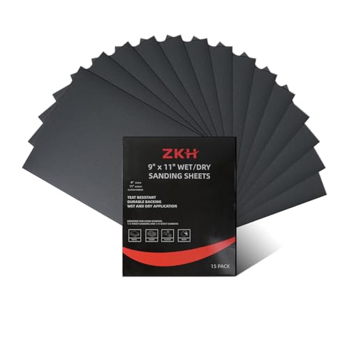 ZKH Sand Paper, 320 Grit Sandpaper Sheets, 15 Packs of 9 x 11 Wet Sanding Paper for Wood Furniture, Metal, Plastic, Paint