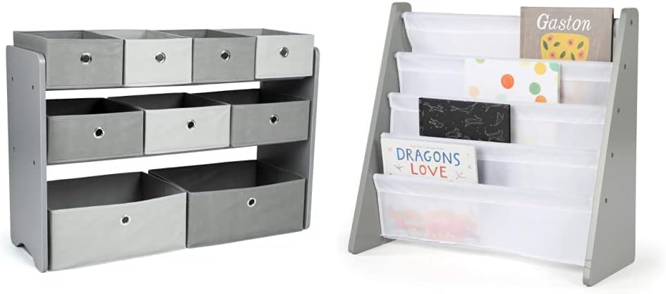 Humble Crew Kids Toy Organizer with 9 Storage Fabric Bins, Grey & GreyWhite Kids Book Rack Storage Bookshelf, 4 Tiers