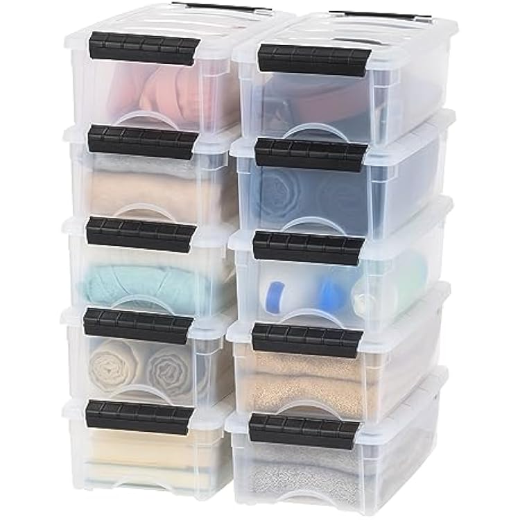 IRIS USA 6 Qt Stackable Plastic Storage Bins with Lids, 10 Pack - BPA-Free, Made in USA - See-Through Organizing Solution, Latches, Durable Nestable Containers, Secure Pull Handle - Clear