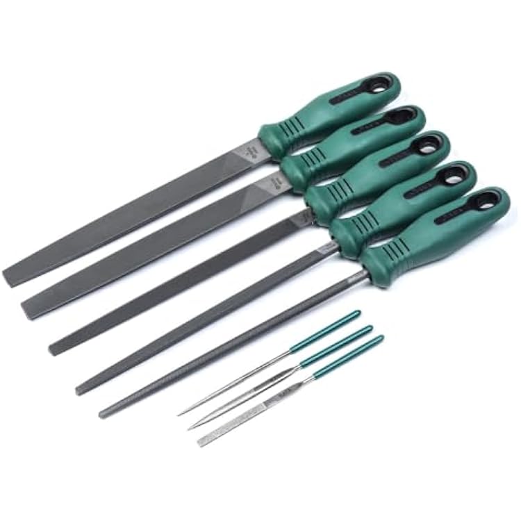 SATA 8-Piece Metal File Tray Set Containing Flat, Half-Round, Round and Square Files with Ergonomic Green Handles - ST09910
