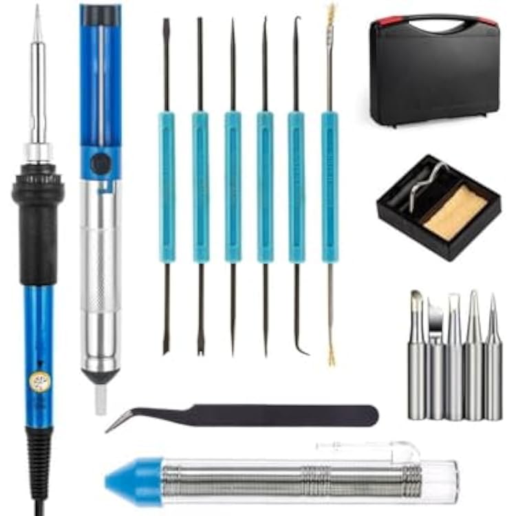 Soldering iron kit, Corn 16-in-1 60W 110V Adjustable Temperature Welding Soldering Iron with Desoldering Pump, 5pcs Different Tips, Stand, Anti-static Tweezers, Additional Solder Tube, and Carry Case