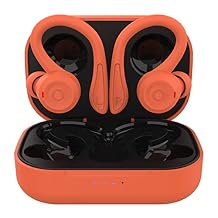 Orange Wireless Earbuds with Earhooks - Bluetooth Running Earphones with Ear Hooks, Waterproof, Noise Cancelling, Android Compatible for Workout, Sport, Gym