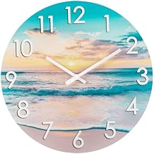 12 Inch Outdoor Clock Waterproof Tempered Glass with Sunset Beach Scene, UV Resistant, Battery Operated, Silent, Coastal Decor for Patio, Pool, Garden, Porch & Bathroom