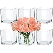 CONNOO 6 Pack Square Glass Vase 5" x 5" x 5", Clear Bulk Flower Vases for Centerpieces, Square Glass Cube Vase Floating Candle Holders for Wedding Party Home Decor