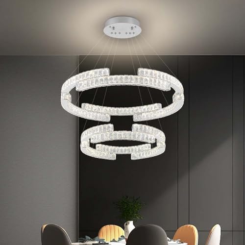 Modern Large Ring Chandelier Lighting, LED 5 Ring Crystal Chandelier High Ceiling Foyer Chandeliers for Staircase Living Room Silver D47.5D40D32D24D16