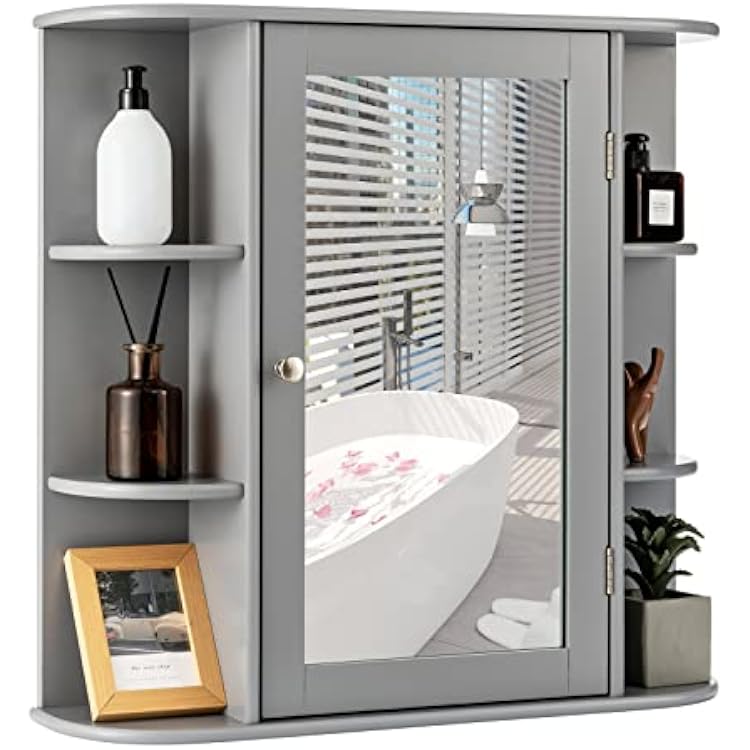 Multigot Bathroom Mirror Cabinet, Wall- Mounted Storage Cupboard with Adjustable Shelves, Single Door Organizer Unit for Living Room and Bedroom Grey