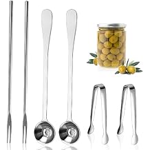 6 Pieces Long Handle Pickle Fork Olive Spoon with Drain Hole Strainer Kitchen Serving Tongs Set, Stainless Steel Pickle Picker for the Jar Cucumber Arugula Caper