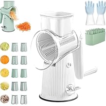 3 in 1 Rotary Cheese Grater Vegetable Slicer, 5 in 1 Food Chopper, Rotary Cheese Grater Vegetable Slicer with Blade Storage Box (White)