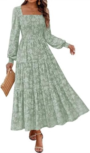 KIRUNDO Wedding Guest Dresses for Women Spring 2026 Long Sleeve Smocked Floral Flowy A Line Boho Maxi Dress Fashion Clothing