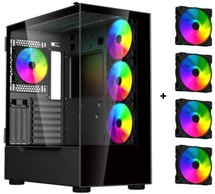 DIYPC ARGB-Q18.V2-BK Black USB3.0 ATX Mid Tower Gaming Computer Case wDual Tempered Glass Panel and 4 x ARGB 120mm Fans Pre-Installed