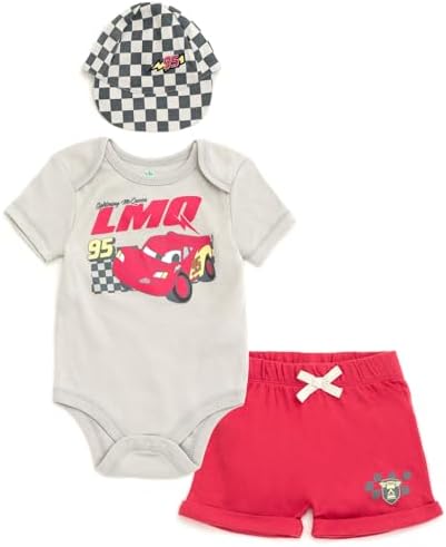 Disney Pixar Baby Bodysuit, Shorts and Baseball Cap 3 Piece Outfit Set Newborn to Infant Sizes Newborn - 24 Months