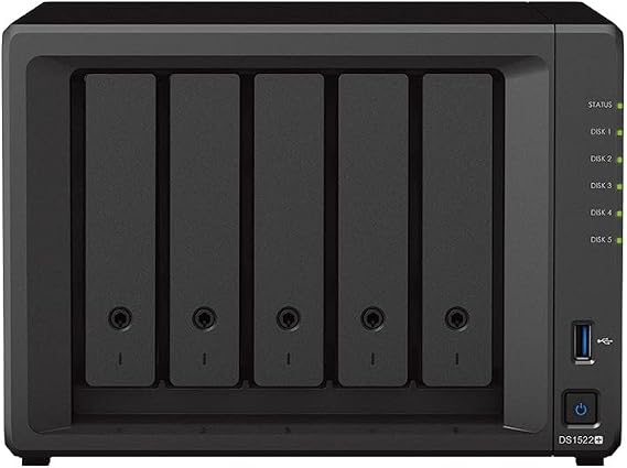 Synology DS1522+ 5-Bay DiskStation NAS AMD Ryzen R1600 8GB RAM 4xRJ-45 1GbE LAN Port, without HDDs