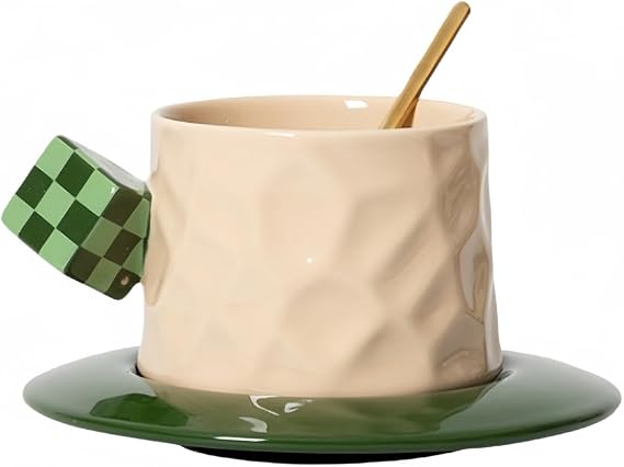 Coffee Mug Ceramics 10 OZ, Latte Art Cup Tea Cup With With Colorful Cube Handle,Reusable Water Bottle Breakfast Cup For Drinking (Green)
