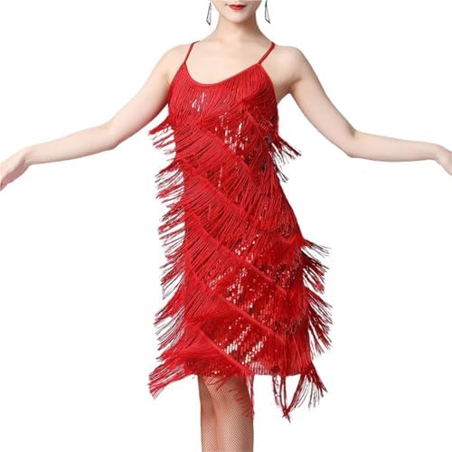 Sequin Fringe Dress Stage Performance Costume Sexy Shiny Double V-Neck Sleeveless Sequin Tassel Latin Jazz Cha-cha Ballroom Dance Dress VestidoRed,S