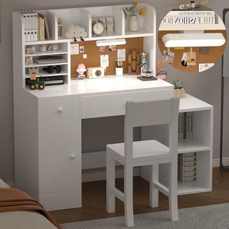 Wooden Pure White Kids Study Desk and Chair Set with Light, 2 Drawers and 4 Storage Cabinets, Children Desk with 4 Open Hutch and Shelves, Girls Study Desk for Kids Bedroom-004A
