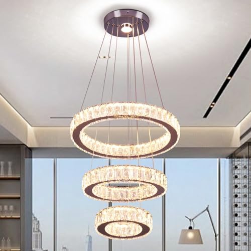 Finktonglan 3-Ring Crystal LED Chandelier, Dimmable 30006500K, RemoteApp, Adjustable Height, 52W Integrated LED, K9 Crystal Pendant Light