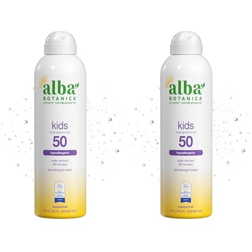 Alba Botanica Kids Sunscreen Spray for Face and Body, Tropical Fruit, Broad Spectrum SPF 50, Water Resistant, 5 fl. oz. Bottle Pack of 2