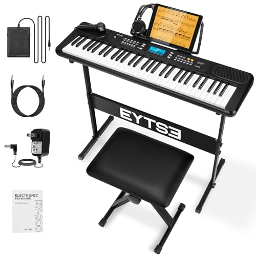 61 Key Electronic Piano Keyboard for Beginners Full Set with LCD Display, 300 Tones, 300 Rhythms, 50 Demos, 3 Teaching Modes, Stand, Bench, Headphones, Microphone