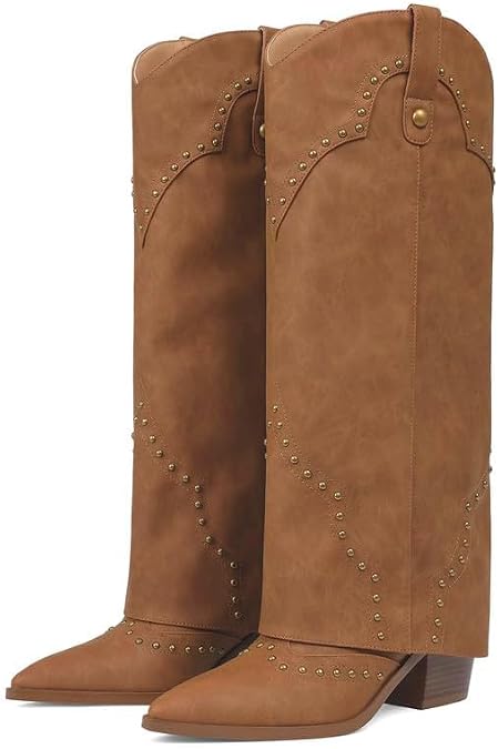 Erocalli Cowgirl Cowboy Knee High Boots Women Fold Over Western Pointed Toe