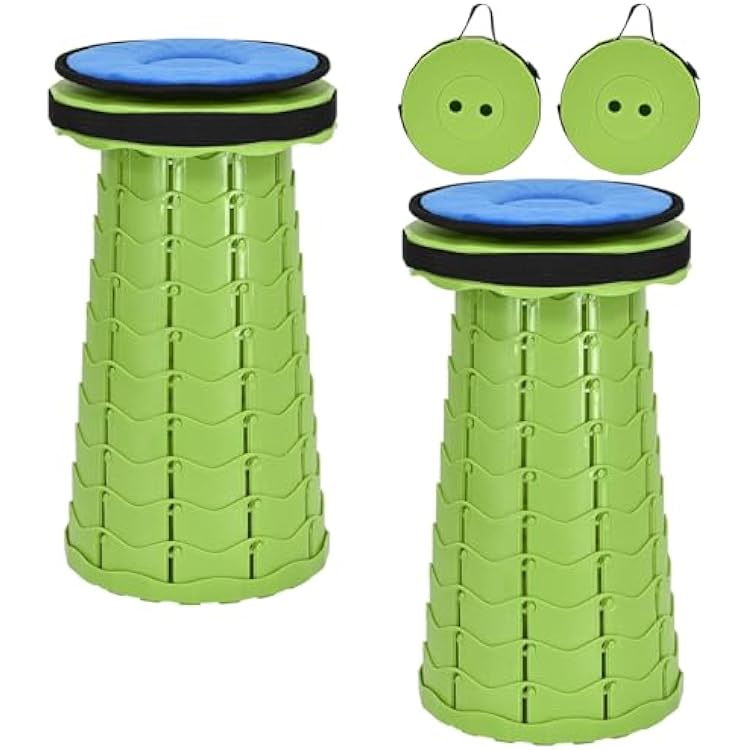 2 Pack Upgraded Collapsible Stool with Cushion, Thickened Retractable Folding Stool Max Load Capacity 400lbs, Portable Telescoping Stools for Camping Fishing Outdoor Hiking BBQ -Green