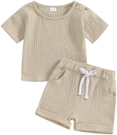 Toddler Baby Boy Girl Cotton Linen Outfit Short Sleeve T-Shirt Tops Elastic Shorts Set 2Pcs Casual Summer Clothes