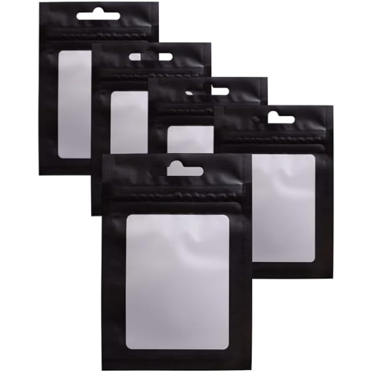 350 Pack- Mylar Smell Proof & Resealable Foil Pouch Bag- Zip Lock Bag for Party Favors, Gifts, Candy, Jewelry & More Black With Clear Window3x4